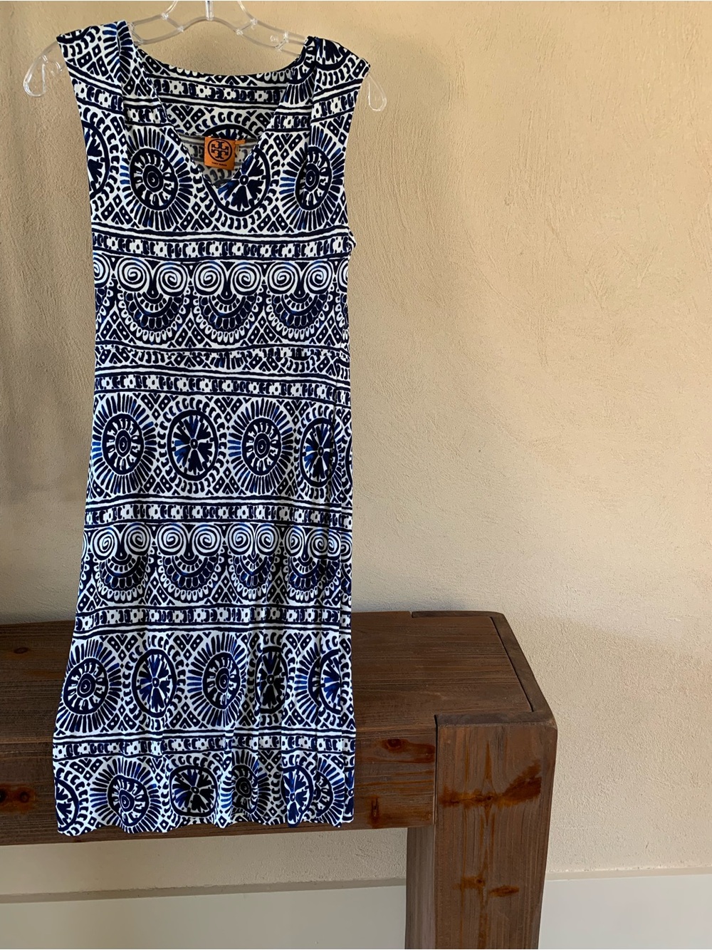 Tory Burch Blue and White Sleeveless Print Stretch Dress